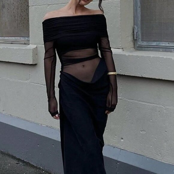 Black Elegant Women's Off-Shoulder Mesh Hollow-Out Long Sexy Bodycon Dress - Picture 6 of 7